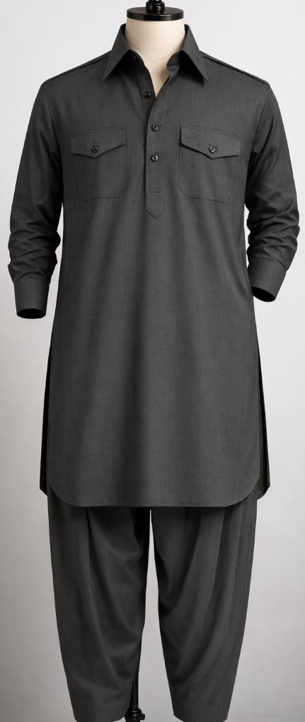 Charcoal Embroidered Pathani Suit